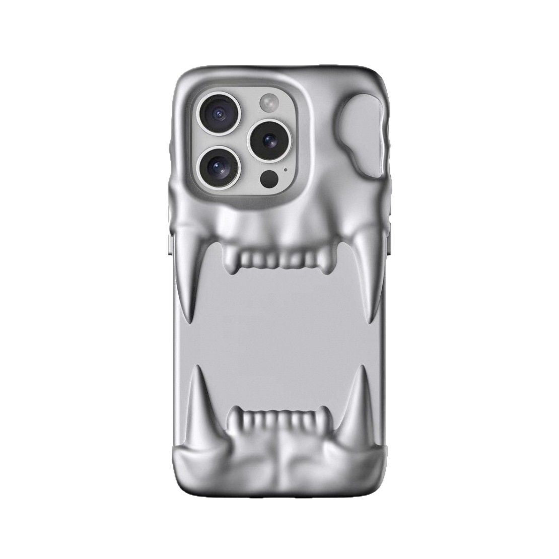 Creative silver metallic 3D hollow tiger tooth fang phone case for iPhone showing sculptural design