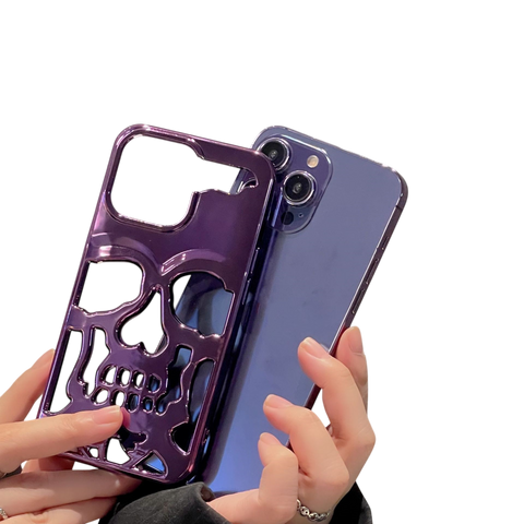 Luxury purple metallic 3D skull hollow phone case for iPhone showing electroplated finish